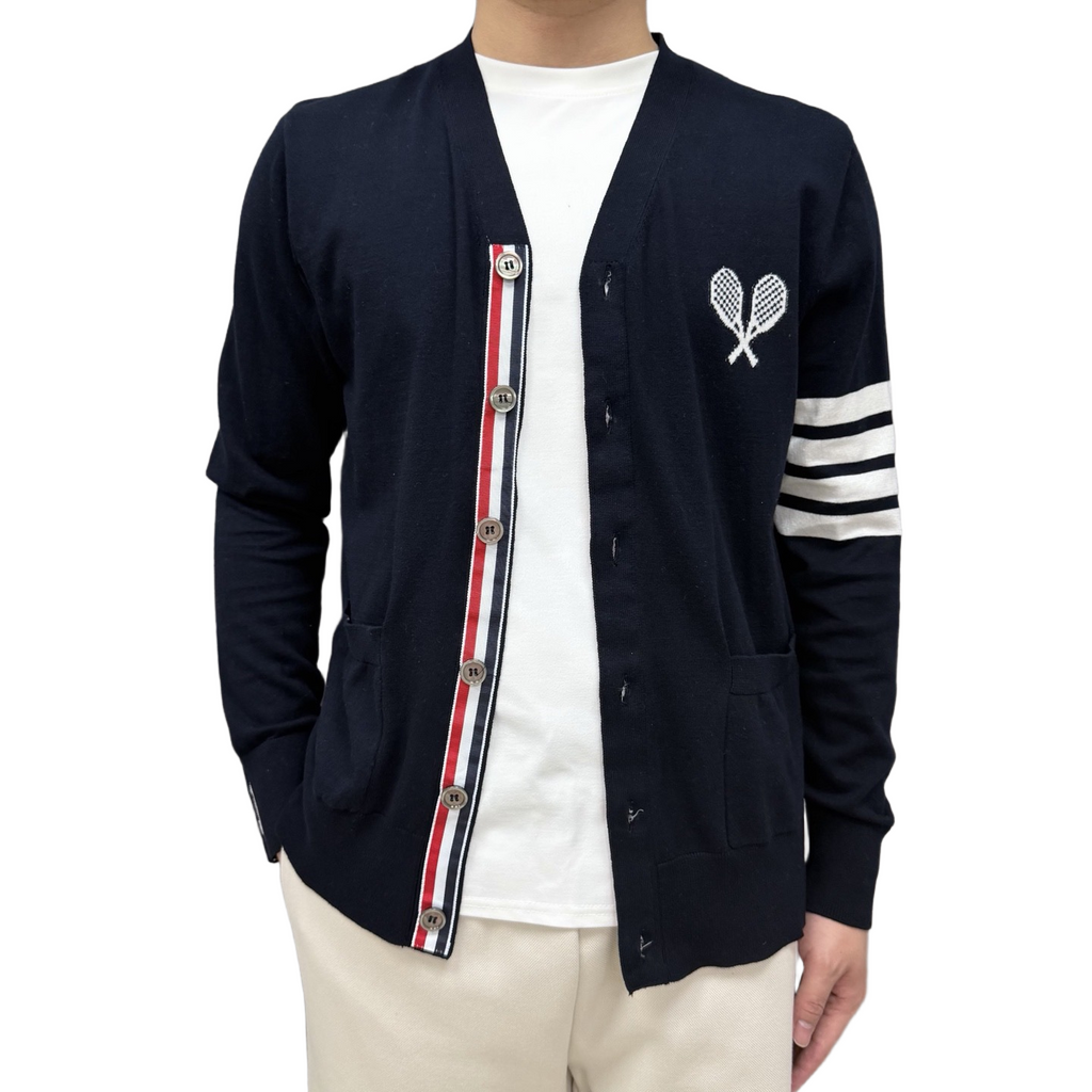 Tennis Racket Jacquard V-Neck Knit Cardigan | Thom Browne