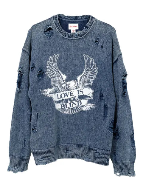 KAMIYA  eagle-print distressed-knit sweater