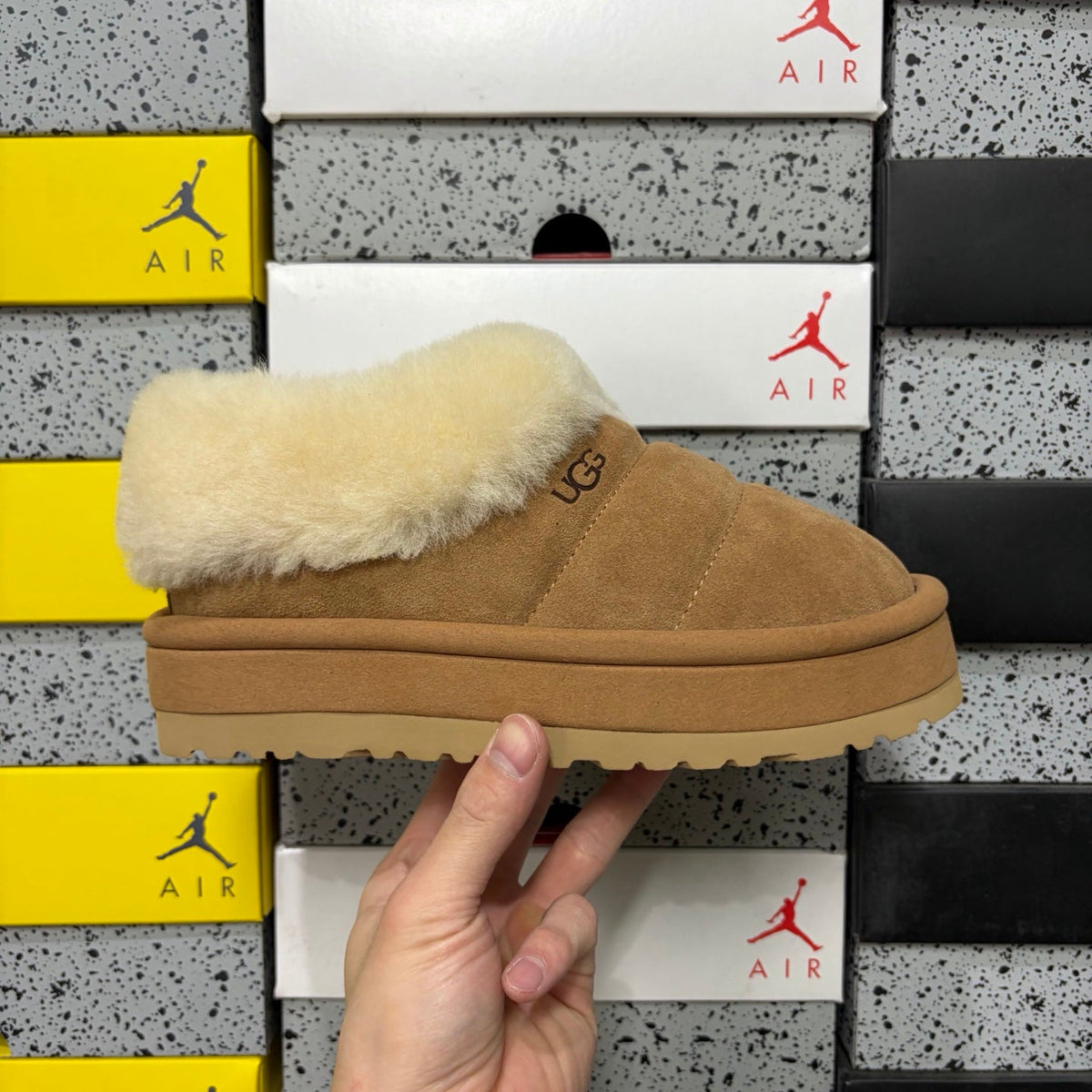 UGG Tazz Platform Slip-On Slipper – Suede Moccasin with Oversized Shearling Cuff & Platform Sole in Chestnut
