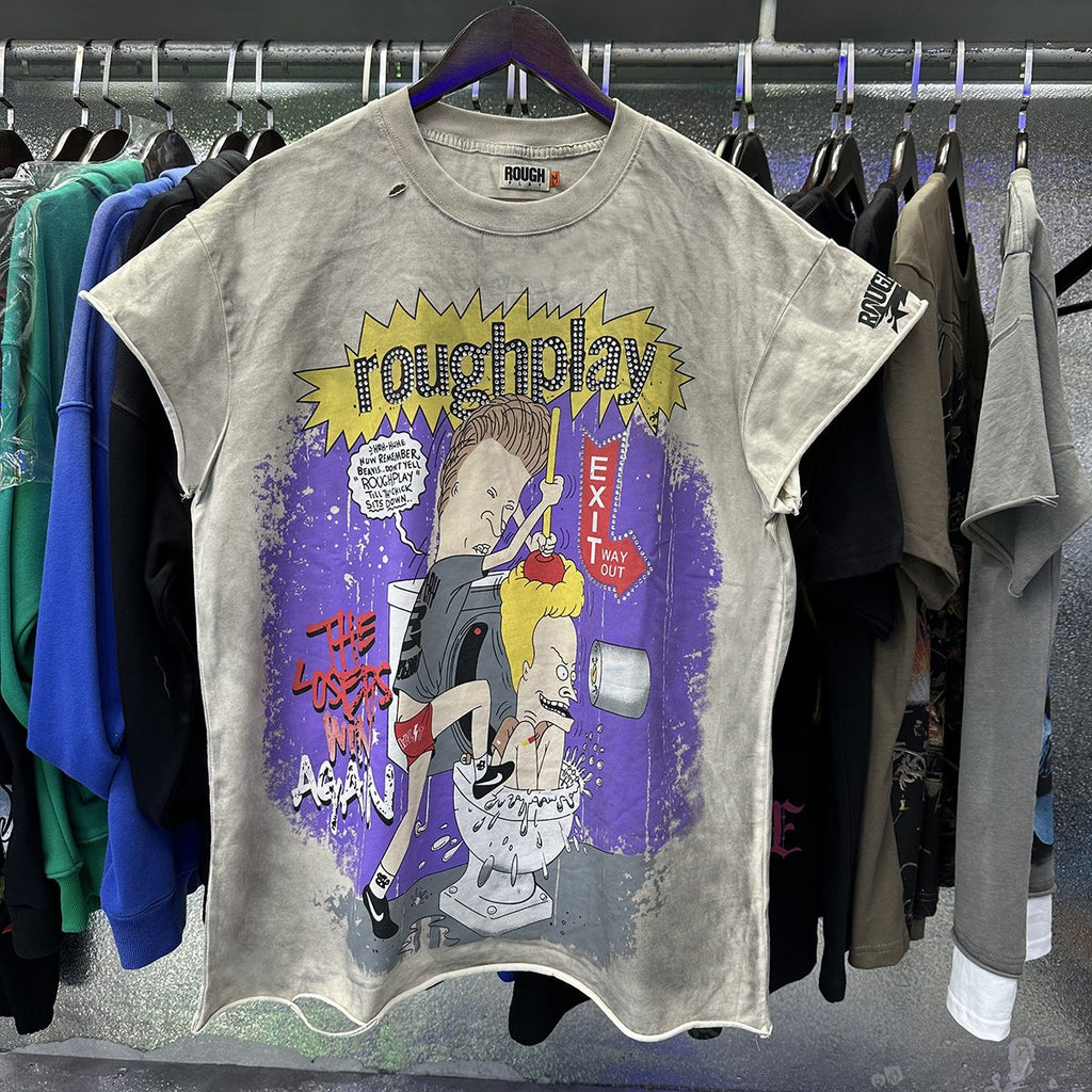 Rough Play Rhinestone Cartoon Graphic Distressed T-Shirt