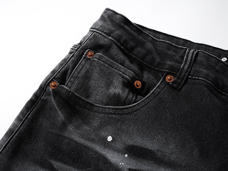 Purple Brand Paint Splatter Waxed-Look Black Jeans