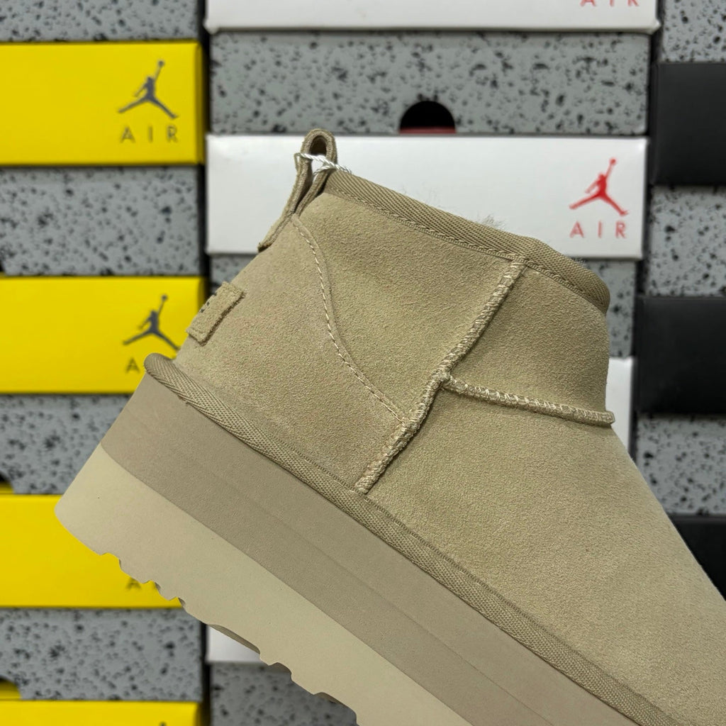 UGG Classic Ultra Mini Platform Boot – Suede Ankle Boot with Shearling Lining, Cross-Strap Lace Closure & Chunky Tonal SugarSole Platform in Sand