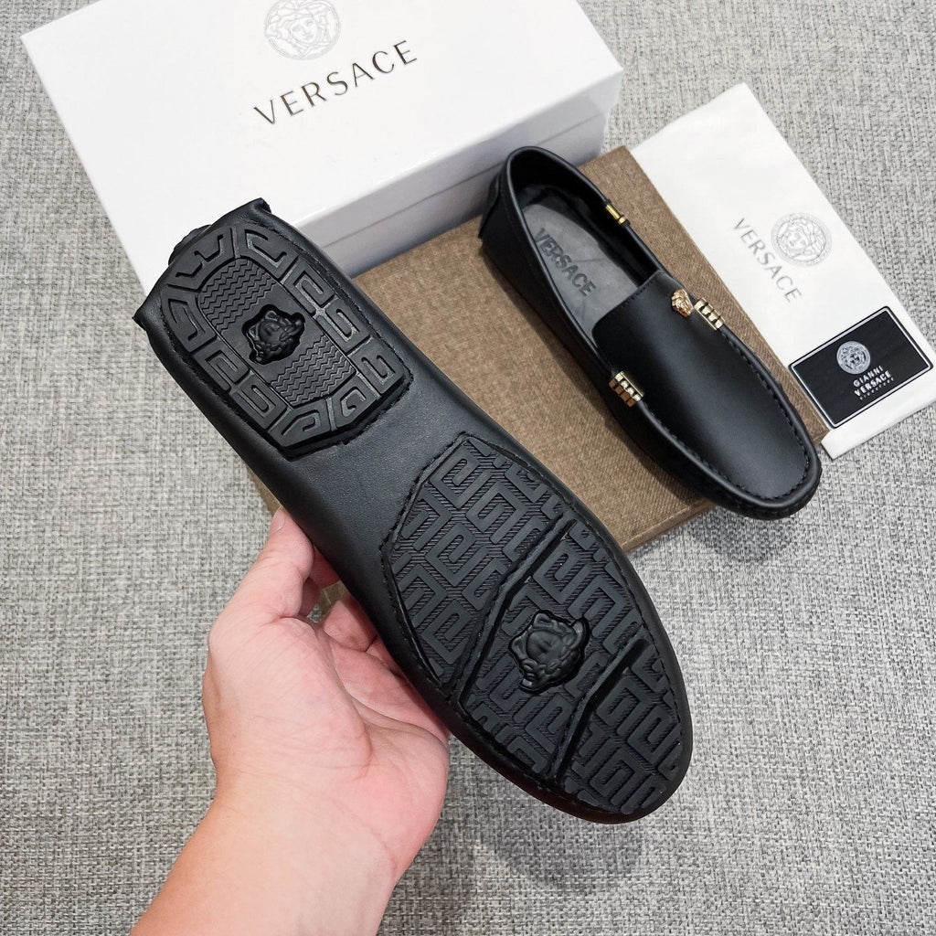 Versace Black Leather Loafers with Gold-Tone Accents