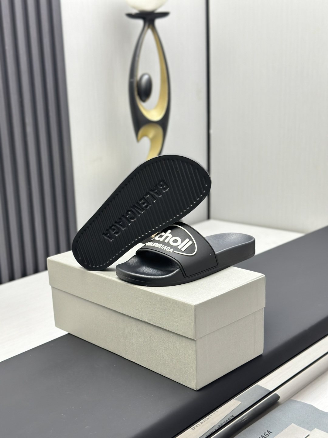 Scholl × Balenciaga Black Logo Strap Slide Sandals