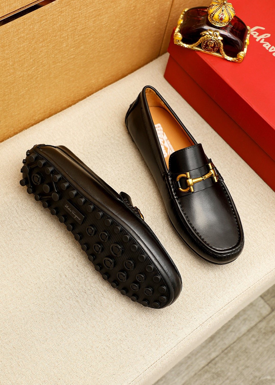 Ferragamo Black Gold-Tone Driving Loafers