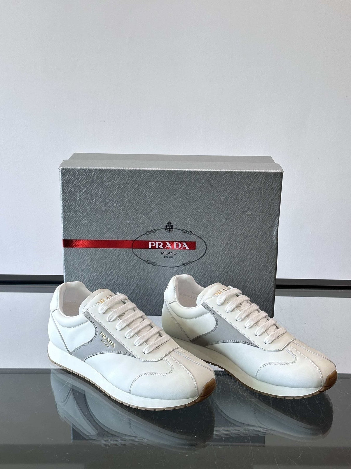 Prada Men's White and Light Gray Sneakers