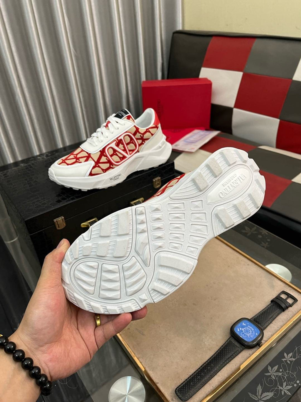 Valentino White and Red Patterned Sneakers