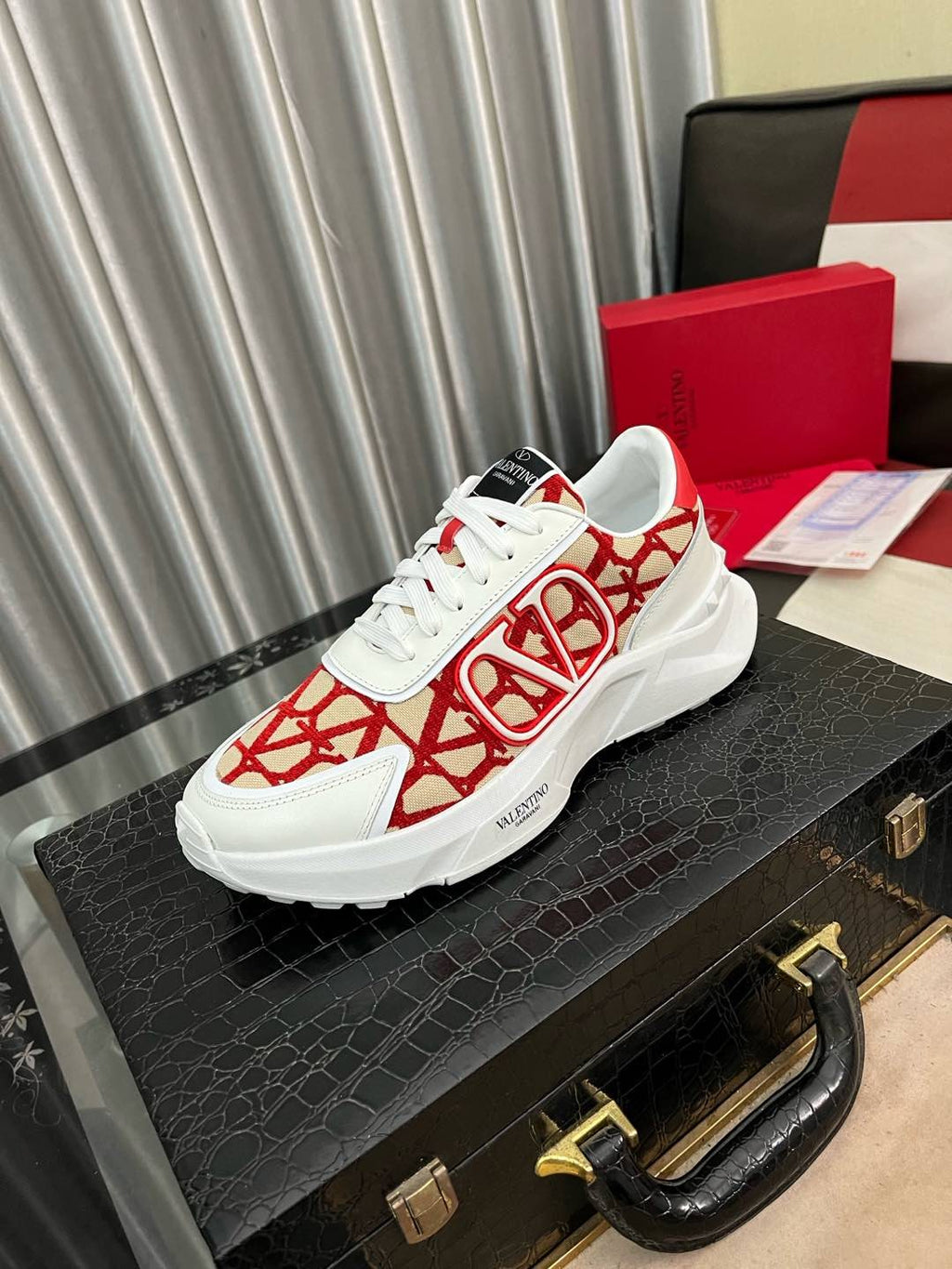 Valentino White and Red Patterned Sneakers