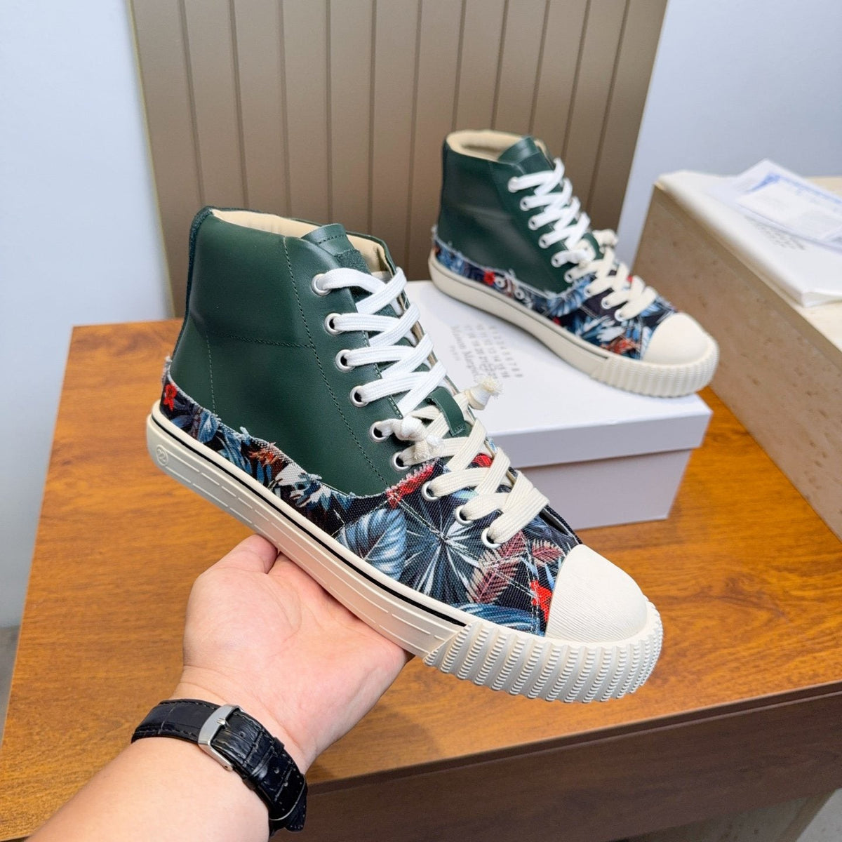 Maison Margiela Dark Green Floral High-Top Sneakers