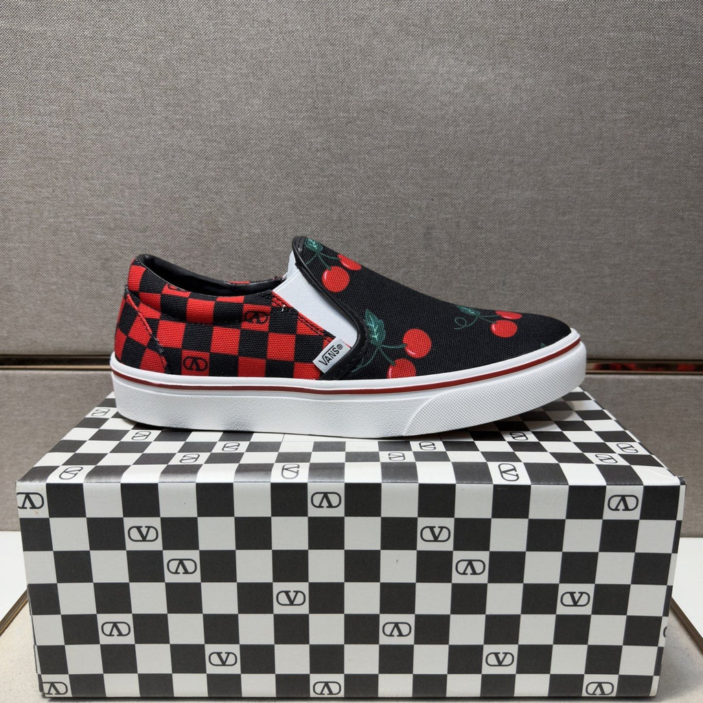 Vans Men's Cherry Checkerboard Slip-On Shoes - Black, Red & White