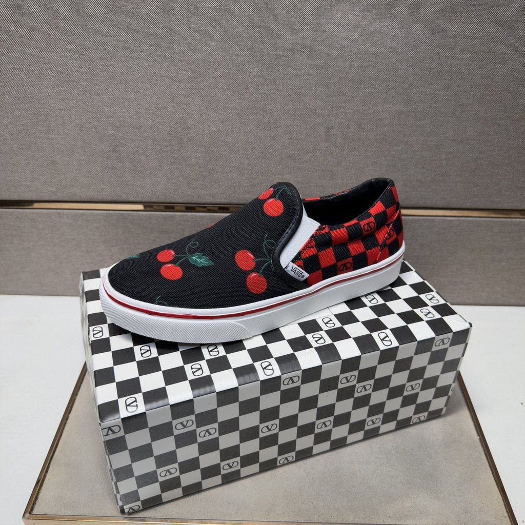 Vans Men's Cherry Checkerboard Slip-On Shoes - Black, Red & White