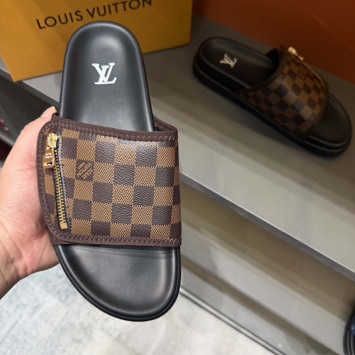 Louis Vuitton Checkered Zipper Slide Sandals