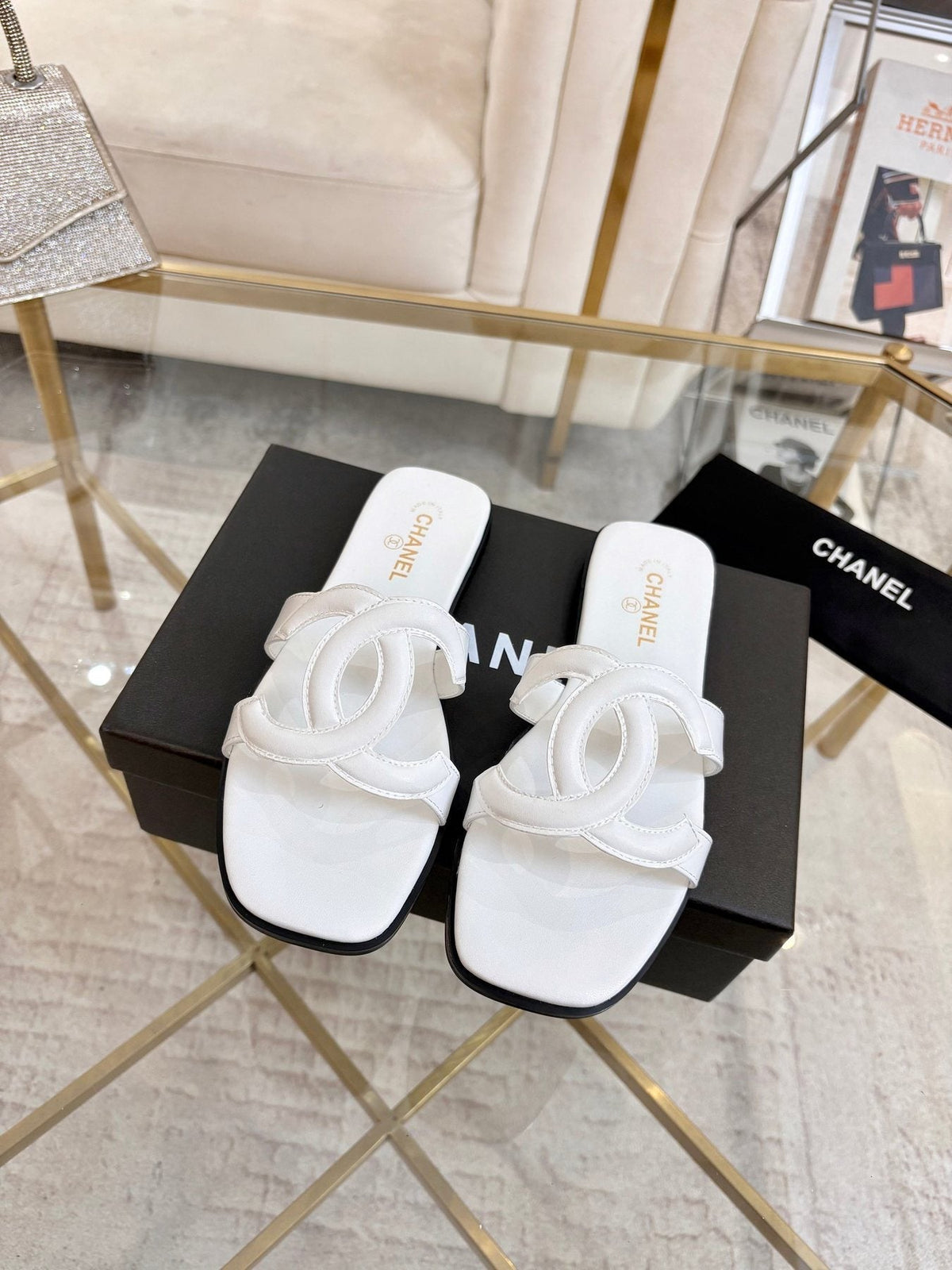 Chanel Embossed Logo Slide Sandals