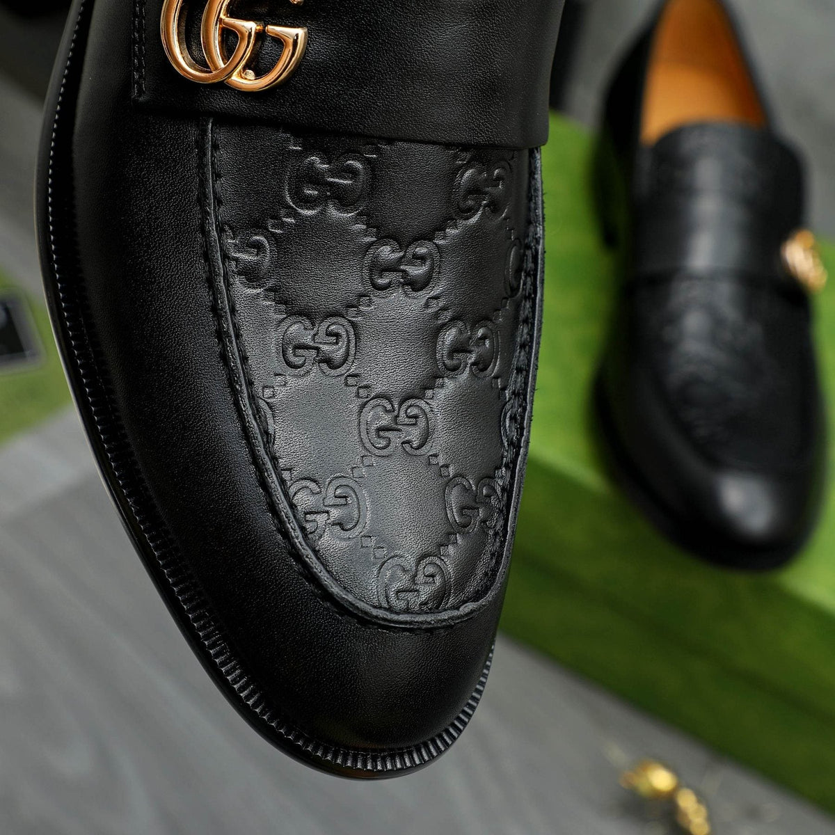 Gucci Black Embossed Loafers with Gold-Tone Detail