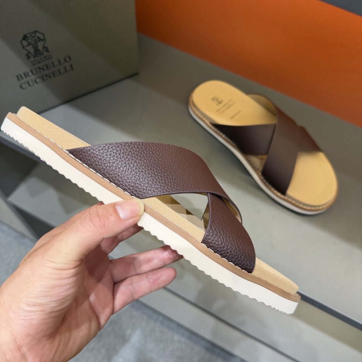 Brunello Cucinelli Men's Cross-Strap Slide Sandals - Cross-Over Strap Design